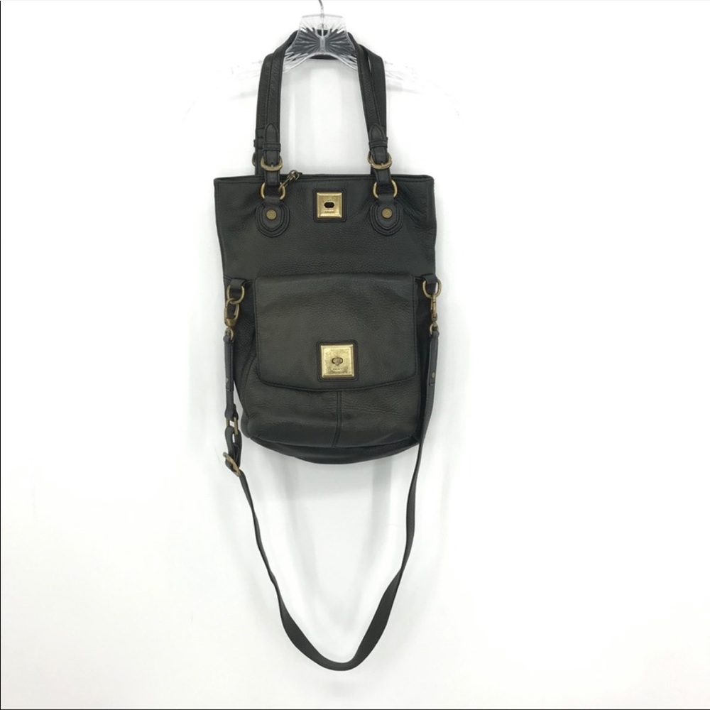 DKNY Leather Fold Over Convertible Crossbody Purse Black Brass